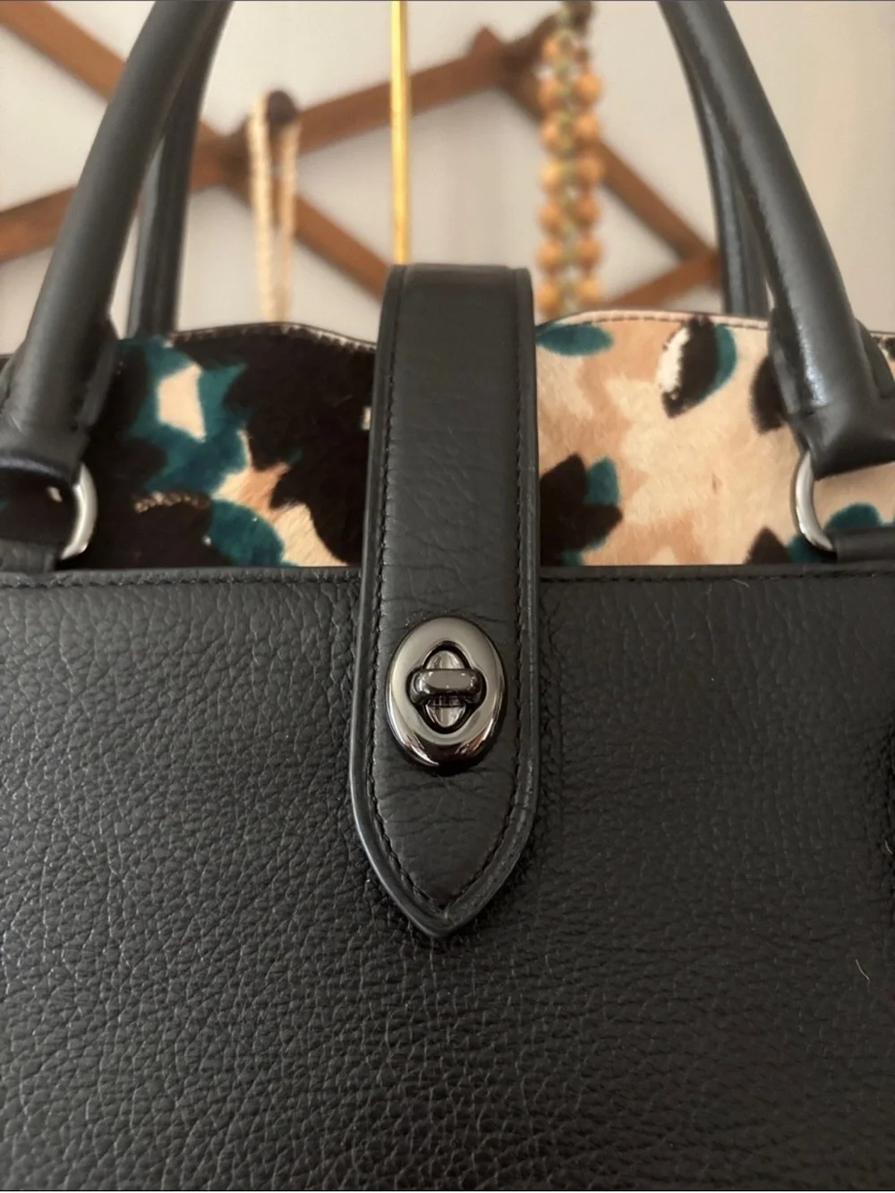 Coach Black Leather Satchel with Floral calf hair Canvas Accents